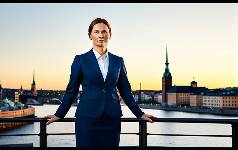 **

A professional businesswoman in a tailored, modest business suit, standing confidently in front of the Stockholm skyline at sunrise, fully clothed, appropriate attire, safe for work, perfect anatomy, correct proportions, professional photography, high quality, family-friendly.

**