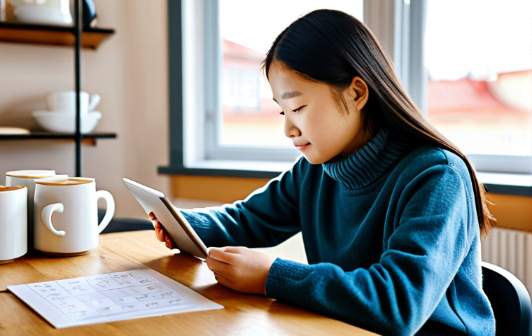 Pinyin & Flashcards (Beginner Focus)**

A student sits at a bright wooden desk in a cozy, sunlit Swedish "fika" setting (coffee and pastry visible), studying Pinyin charts and using digital flashcards on a tablet. She's wearing a comfortable, fully clothed, and appropriate sweater and jeans. The scene emphasizes focus and calm learning. Safe for work, appropriate content, family-friendly, modest attire, perfect anatomy, natural proportions, educational illustration.

**